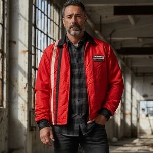 Men's Motorcraft Ford Red Striped Jacket Workers Vintage Garage Racer Greaser